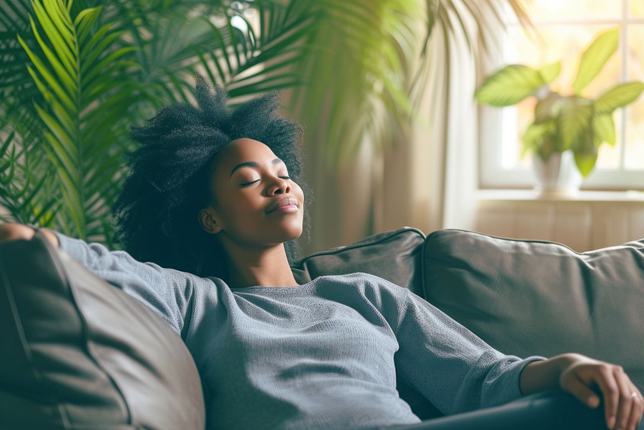 A peaceful expression graces the face of a young African woman enjoying a relaxing moment