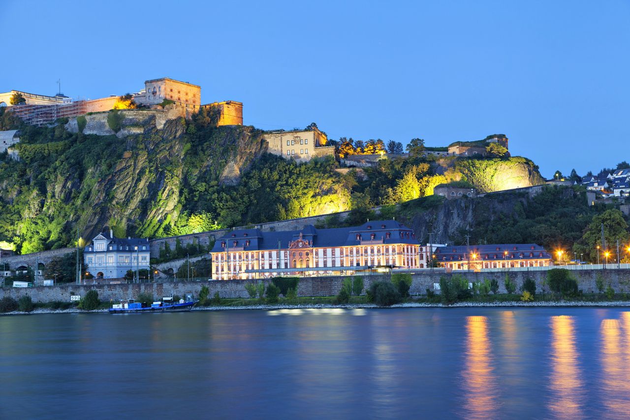 Evening view on Fortress Ehrenbreitstein on the side of river Rhine in Koblenz, Germany